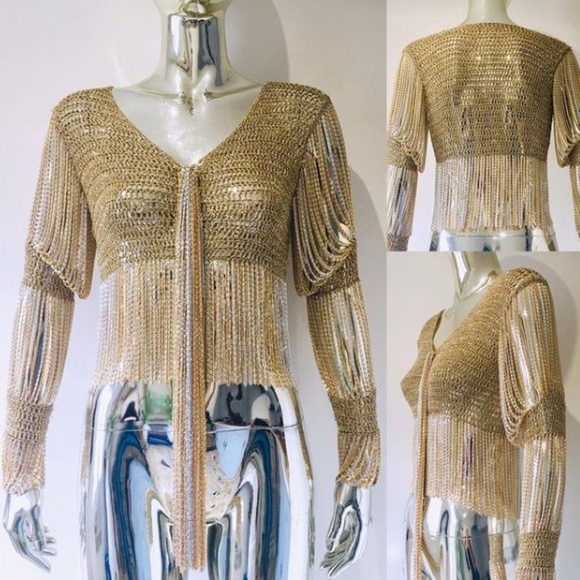 RARE 1970s authentic Loris Azzaro Gold & Silver Chain & Knit Top w/ Chain Tassel - Picture 4 of 9